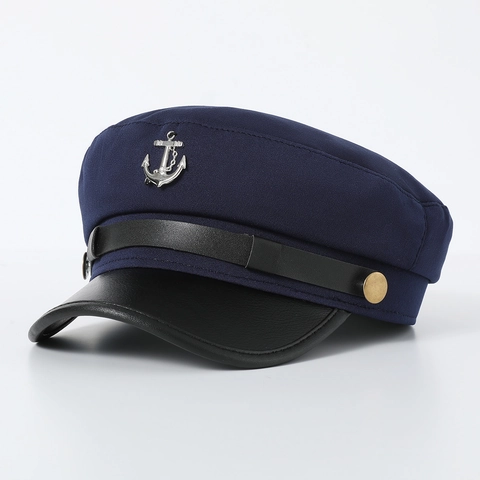 Britischer Stil Nautische Marine Mütze Mit Anker Emblem PU Leder Krempe Baumwolle Baskenmütze Für Damen Retro Militär Flachkappe