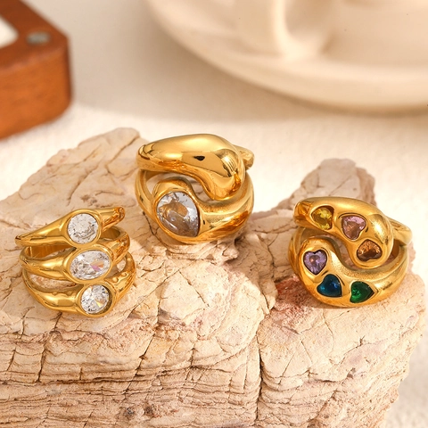 Vintage Chunky Stainless Steel Ring Multi Color Heart Water Drop Zircon Jewelry Gift For Women Fashion Luxury