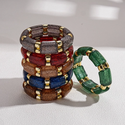 Retro Böhmisches Geometrisches Acryl Armband Mit Glitzer Harz Zylinder Perlen Und Goldenen Legierung Spacern Für Damen