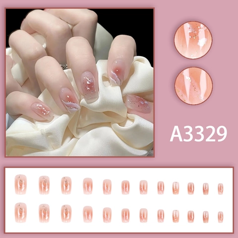 Pink Gradient Press On Nails Short Square Fine Glitter Shell Texture Blush Ombre False Nails For Women