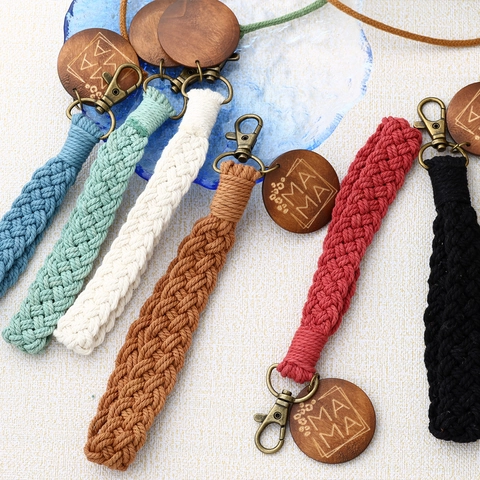 Handmade Woven Cotton Cord Wristlet Keychain Bohemian Ethnic Wrist Strap With Vintage Alloy Clasp Key Ring For Women