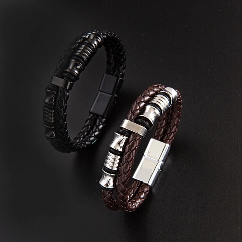 Men Braided Leather Bracelet With 316 Stainless Steel Magnetic Clasp Multilayer Woven Punk Vintage Casual Jewelry