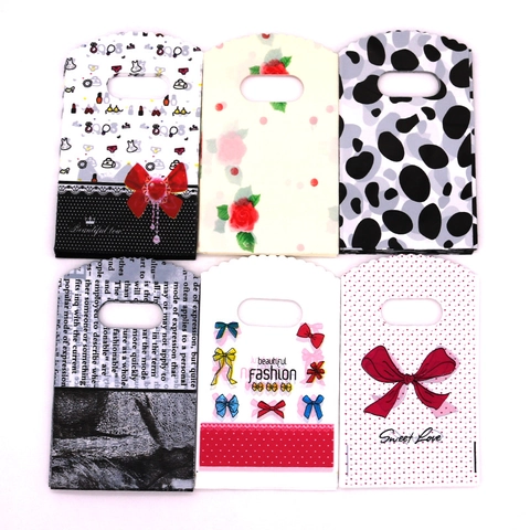 Small Plastic Gift Bags With Portable Handle Wavy Edge Colorful Print Patterns For Jewelry Packaging Party Favors Storage