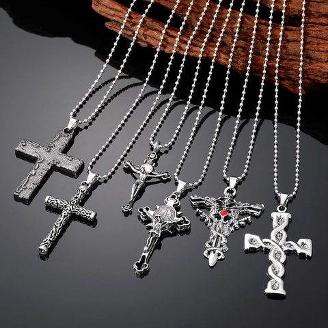 Collana Con Pendente A Croce Retrò Lega Argento Antico Catena A Sfere Punk Hip Hop Gotico Gioielli Per Uomo