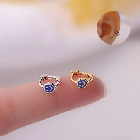 Smiley Gesicht Ohrring Kupfer Emaille Blau Minimalistisch Piercing Schmuck Ohrmanschette