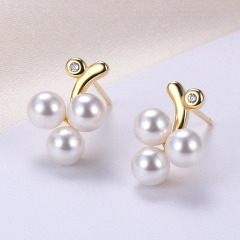 French Sweet Grape Fruit Stud Earrings With 925 Sterling Silver Post Gold Plated Artificial Pearl Rhinestone Earrings For Women