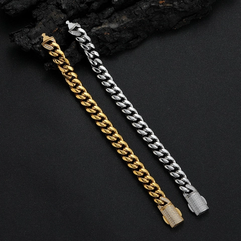 Pulsera De Cadena Cubana Acero Inoxidable Cierre De Circonita Cúbica Joyería Hip Hop Streetwear Hombre Unisex