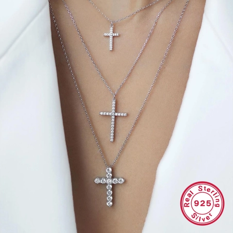 925 Sterling Silver Cross Pendant Necklace With Cubic Zirconia Dainty Layered Link Chain For Women Minimalist Jewelry