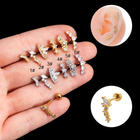 Stainless Steel Ear Cartilage Stud Zircon Inlaid Heart Star Crown Piercing Earring Screw Ball Back Simple Jewelry