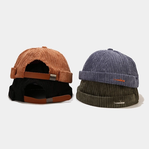 Corduroy Docker Hat For Men Women Brimless Cap Retro Miki Hat With Adjustable Leather Strap Fish Embroidery