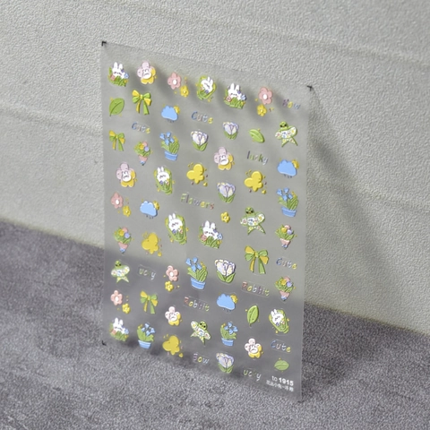 Pegatinas Para Uñas Relieve 5D Autoadhesivas Estilo Japonés Lindo Conejo Flor Decoración Manicura DIY