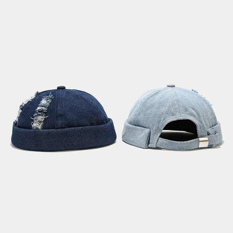 Heren Distressed Denim Docker Hat Gescheurde Randloze Pet Verstelbaar Hip Hop Streetwear Katoen Retro Zeeman Miki Hat