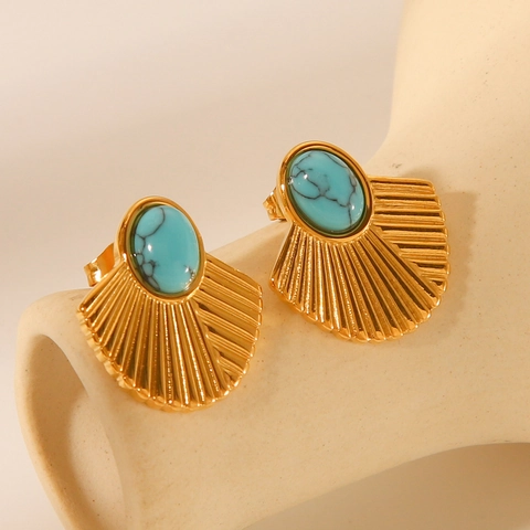 Pendientes De Botón En Forma De Abanico De Acero Inoxidable Con Turquesa Retro Baño De Oro 18K Para Mujer