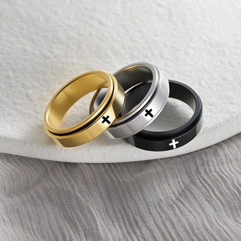 Spinner Ring 304 Stainless Steel Rotating Cross Pattern Stress Relief Fashion Jewelry For Men And Women