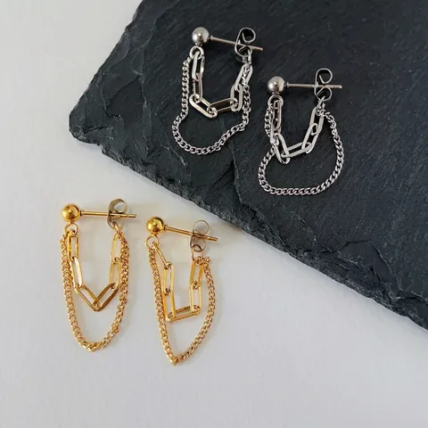 Double Layer Chain Stud Earrings 18K Gold Plated Titanium Steel Back Hanging Minimalist Industrial Style For Women