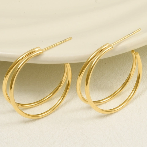 Pendientes de Botón de Doble Capa de Acero Inoxidable 304 Estilo Francés para Mujer Minimalista Geométrico Oro Plata Joyería en C