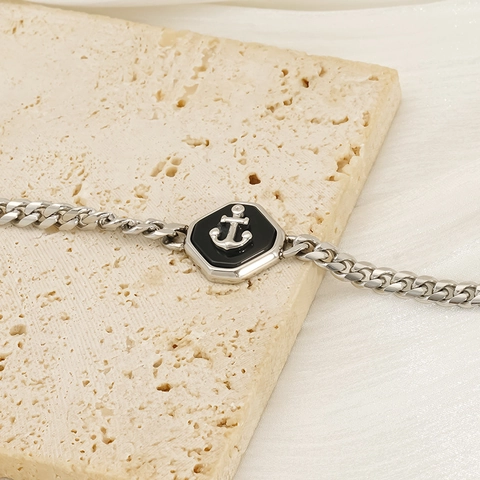 Pulsera Eslabones Cubanos Hombre Acero Inoxidable Colgante Ancla Hexagonal Esmalte Negro Estilo Náutico Joyas De Moda