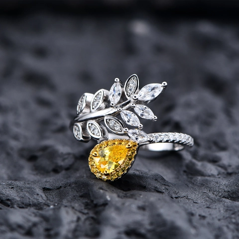 Anillo de Plata de Ley 925 de Hoja para Mujer Circonia Amarilla en Forma de Pera Gota de Agua Anillo Rama Joyería Elegante Regalo Boda