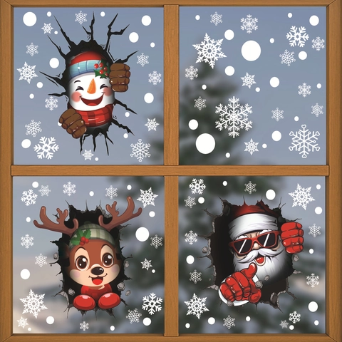Christmas Window Stickers 3D Breakthrough Santa Claus Snowman Reindeer Snowflake PVC Static Clings Double Sided Printed