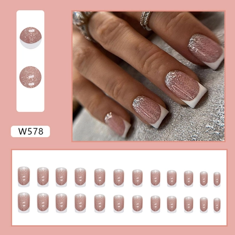 Square French Press On Nails Nude Pink Silver Glitter Gradient Glossy Wearable False Nails For Women Simple Elegant
