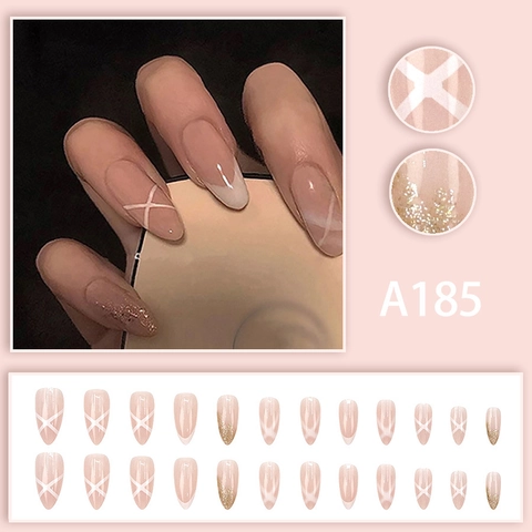 Unghie Finte A Mandorla Rosa Nudo Con Punte Francesi Bianche Glitter E Linee Incrociate Design Elegante Dolce Donne