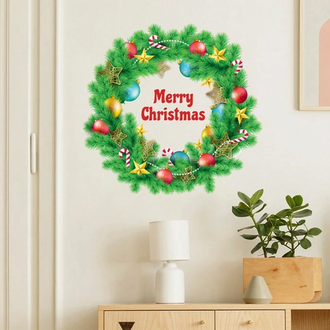 Weihnachts Kranz Wandaufkleber PVC Selbstklebende Dekoration Merry Christmas Schriftzug Für Wohnzimmer Schlafzimmer Dekor