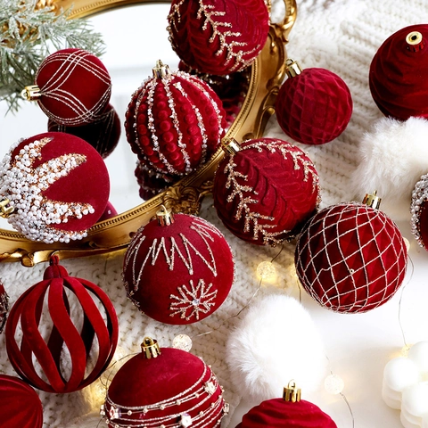 Christmas Ball Ornaments Flocked Velvet With Artificial Pearls And Glitter Painted Hanging Tree Decor Luxury Festive Burgundy Green