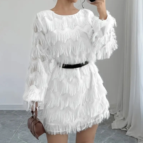 Elegantes Damen Weißes Fransen Minikleid Langen Laternenärmeln Polyester Quaste Rundhals Party Abend Cocktailkleid