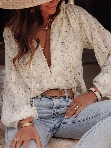 Dames Boheemse Blouse Met Bloemenprint Kant Lange Mouwen V-Hals Kwastje Trekkoord Casual Elegant Vakantie Topje