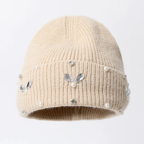 Berretto in Maglia Donna Carino Coniglio Strass Perla Elastico Caldo Cappello Invernale Morbido Peluche Maglia Berretto Esterno