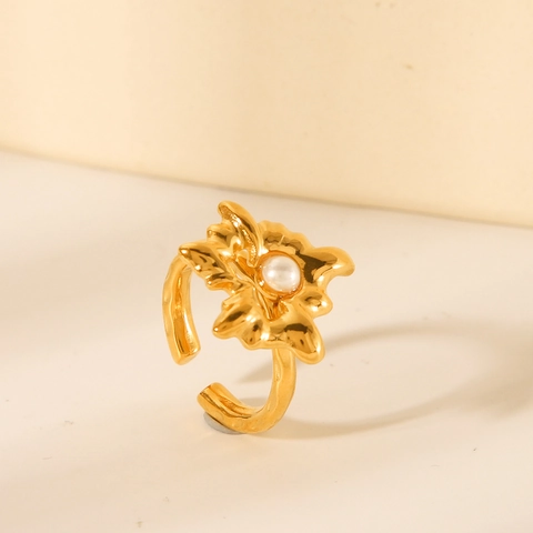 Hart Kunstparel Ring Roestvrij Staal Verguld Vintage Geplooid Radiale Textuur Onregelmatige Verstelbare Open Ring Voor Dames