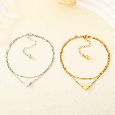 Doppellagiges Herz Anhänger Fußkettchen Edelstahl Perlenkette Fußschmuck Für Damen Mädchen Elegant Minimalistisch
