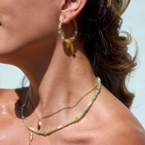 Set Gioielli Bohemienne in Acciaio Inossidabile Perline di Vetro Colorate Perla Artificiale Collana a Pesce Orecchini a Cerchio Donna