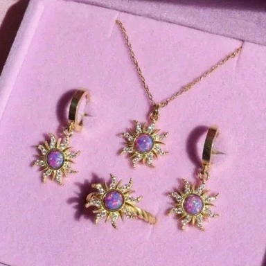 Vintage Zinc Alloy Sunflower Jewelry Set Purple Rhinestone Necklace Earrings Ring Bracelet For Women Gold Silver Star Jewelry