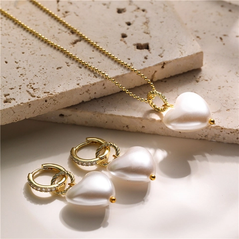 Heart Faux Artificial Pearl Necklace And Earrings Copper Cubic Zirconia Pendant Jewelry For Women Elegant Sweet Style