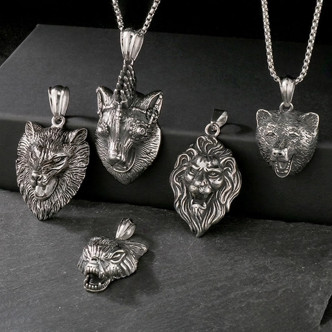 Men Stainless Steel Lion Wolf Bear Animal Head Pendant Necklace Punk Gothic Vintage Biker Jewelry