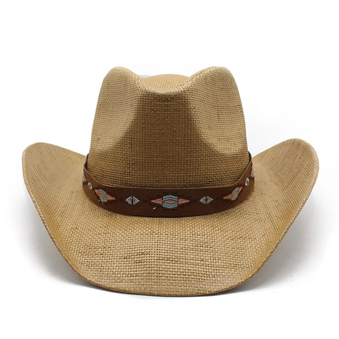 Western Cowboy Straw Hat Wide Brim Sun Protection Ethnic Embroidered Band Vintage Summer Outdoor Beach