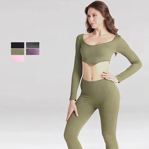 Top Corto A Maniche Lunghe Yoga E Leggings A Vita Alta Da Donna A Costine Senza Cuciture Palestra Abbigliamento Sportivo