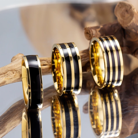Bague En Acier Inoxydable Plaquée Or Avec Émail Noir Rayé Bijoux Minimalistes Unisexes