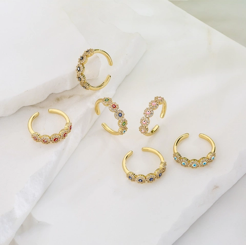 Anillo Malocchio Placcato Oro Zirconia Micro Pavé Smalto Regolabile Fascia Aperta Gioielli Regalo Per Donne Stile Retrò Boho