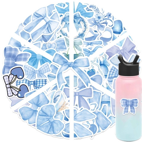 Pegatinas Decorativas De Lazo Azul De PVC Impermeable Estilo Acuarela Dibujos Animados Para Teléfono Botella De Agua DIY