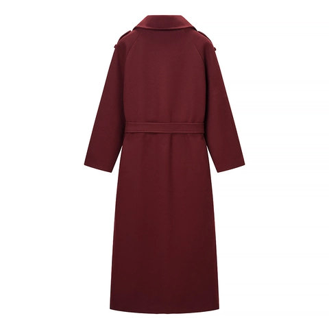 Women Long Woolen Coat Double Breasted Belted Waist Lapel Elegant Solid Wine Red Winter Outwear Warm Fashion Jacket