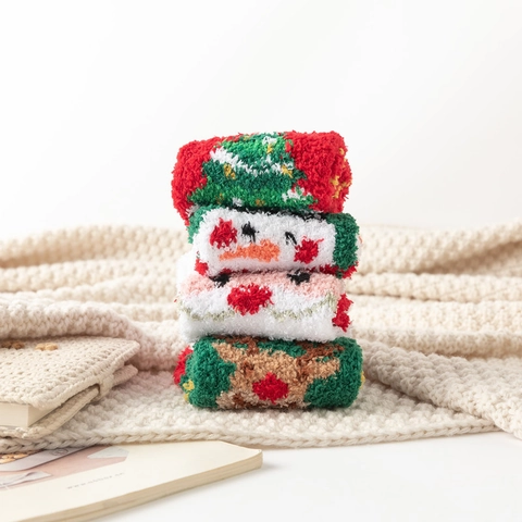 Women Christmas Plush Socks Warm Acrylic Fluffy Sleep Socks Thick Jacquard Elk Christmas Tree Indoor Floor Home Socks