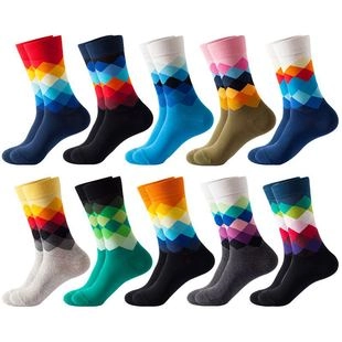 Cotton Argyle Crew Socks For Men Women Fashion Multicolor Geometric Patchwork Mid-Calf Casual Sport Breathable Soft Socks