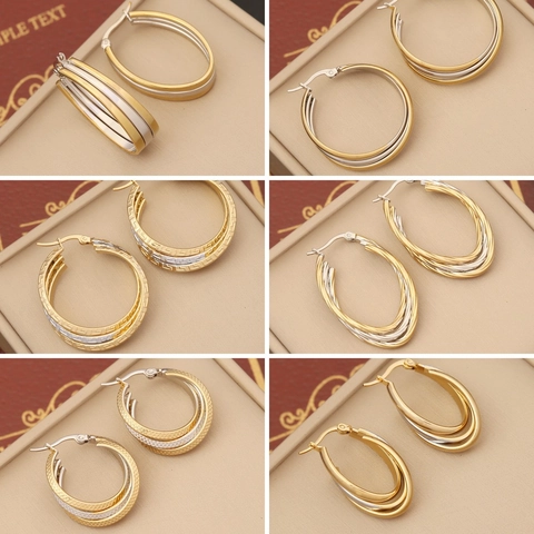 Stainless Steel Hoop Earrings Geometric Two Tone Textured For Women INS Style Retro Gold Silver Mixed Color Jewelry
