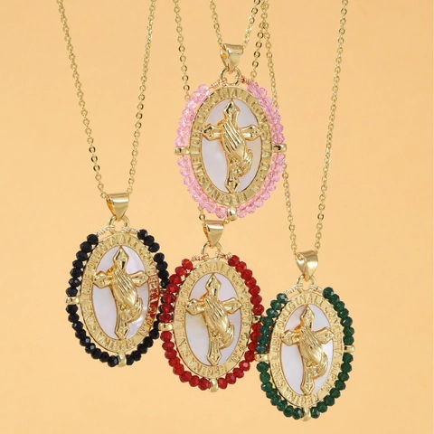 Religious Praying Hands Pendant Necklace 18K Gold Plated Copper Oval Shell Inlaid Crystal Beads For Women Fashion