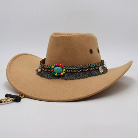 Western Cowboy Hat Wide Brim Felt Ethnic Beaded Band Turquoise Tassel Bohemian Adjustable Strap Outdoor Sun Hat