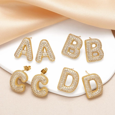 Gold Plated Alphabet Letter Initial Stud Earrings Copper Base Fully Inlaid Zircon Fashion Jewelry Gift For Women