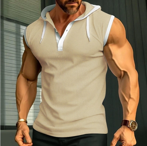 Mens Kapuzen Ärmelloses Polo Shirt Atmungsaktives Polyester Mesh Muskel Fitness Schnelltrocknend Slim Fit Sport Tanktop