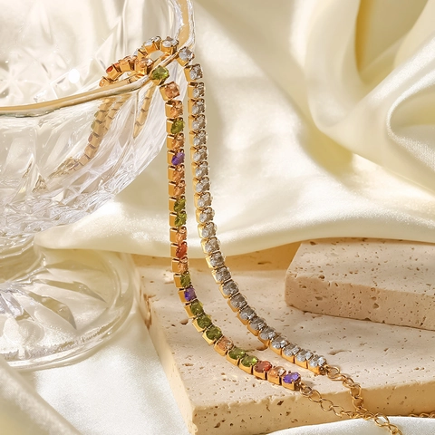 Ovale Zirkon Tennis Armband Roestvrij Staal 18K Verguld Meerkleurige Verstelbare Sieraden Voor Dames